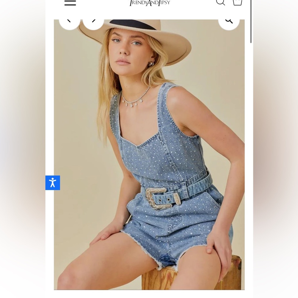 Trendy and Tipsy Darling Denim Rhinestone Belted Romper